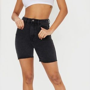 PRETTYLITTLETHING Washed Black Longline Fitted Denim Shorts